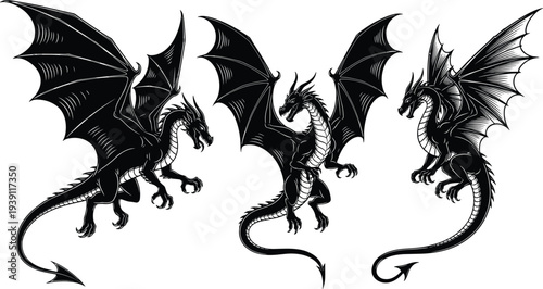 Black silhouette icons of powerful flying dragons with large wings for mythical fantasy decoration and cad drawing flat vector illustration