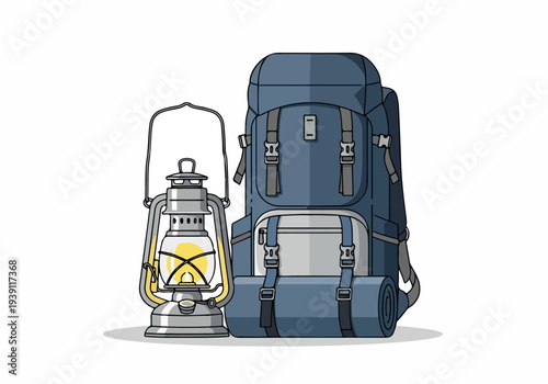 A camping backpack and lantern standing together, ready for adventure, viewed from a slight angle.