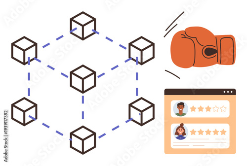 Blockchain, online reviews, conflict resolution, cybersecurity, transparency, reputation management. Networked blocks with boxing glove and review ratings. Blockchain and online reviews concept
