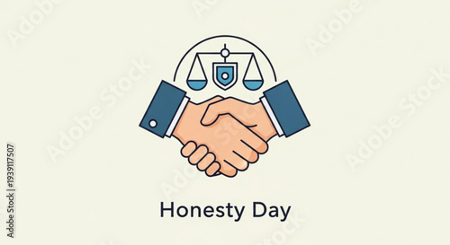 Handshake with scales and shield icon on honesty day symbolizing trust and integrity in business or law with a neutral background