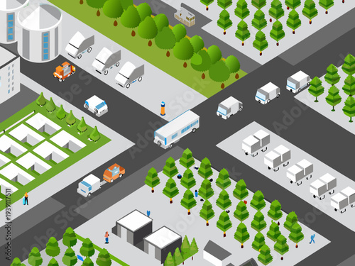 Isometric illustration of a bustling city intersection with various vehicles