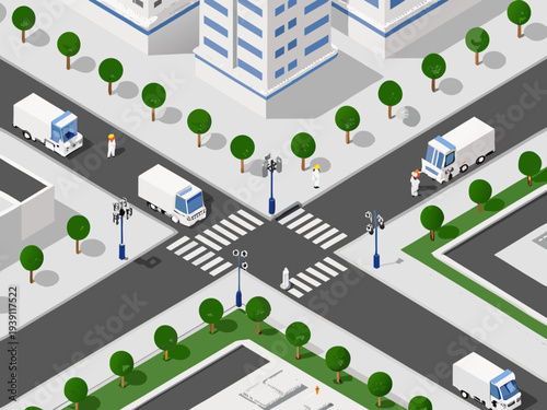 Isometric illustration of a city intersection with vehicles and pedestrians