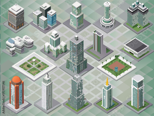 Isometric cityscape featuring modern buildings parks and urban infrastructure