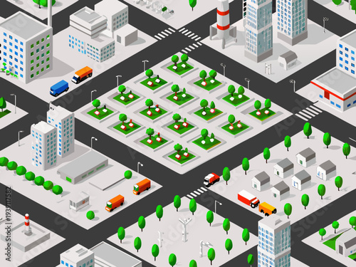 Isometric cityscape featuring roads buildings parks and various vehicles