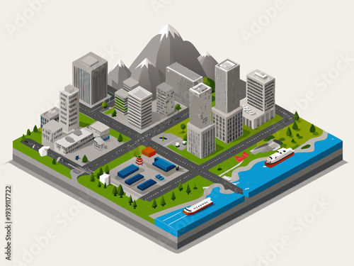 Isometric city landscape with modern buildings a river and mountainous backdrop