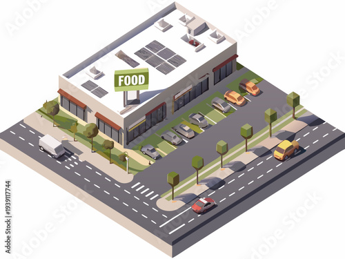 Isometric illustration of a modern food market with a parking lot