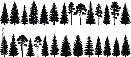Black silhouette icons of various pine spruce and fir trees for nature forest decoration and cad drawing flat vector illustration