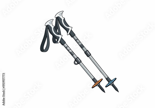 A pair of trekking poles with adjustable straps and metal tips on a white background viewed from a diagonal angle