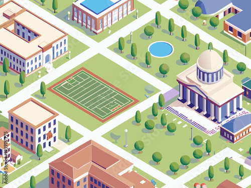 Isometric illustration of a vibrant university campus with distinct buildings