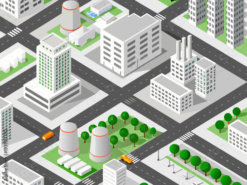 Isometric illustration of a modern city with industrial elements and green spaces