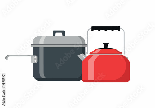 A red kettle and a dark grey camping stove with lid on a plain white background from a straightforward front view