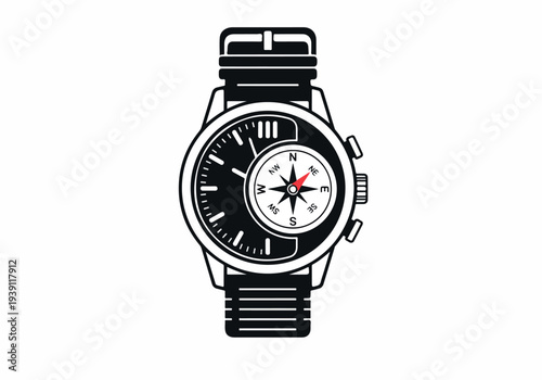 A sleek black watch with a compass face displayed on a wrist, showcasing time and direction on a leather strap, viewed from the front.