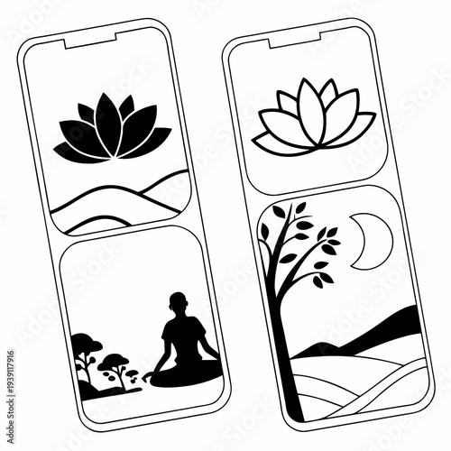 Mobile Meditation Wellness App Icon Set  Flat Silh SVG Vector Illustration