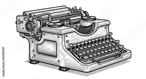 vintage mechanical typewriter detailed retro writing machine engraving illustration isolated, hand drawn antique office equipment woodcut style classic journalist typing device artwork