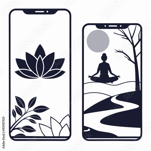 Mobile Meditation Wellness App Icon Set  Flat Silh (2) SVG Vector Illustration