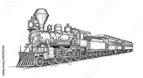 Vintage Engraving Style Steam Locomotive, Detailed Woodcut Antique Train Vector Illustration