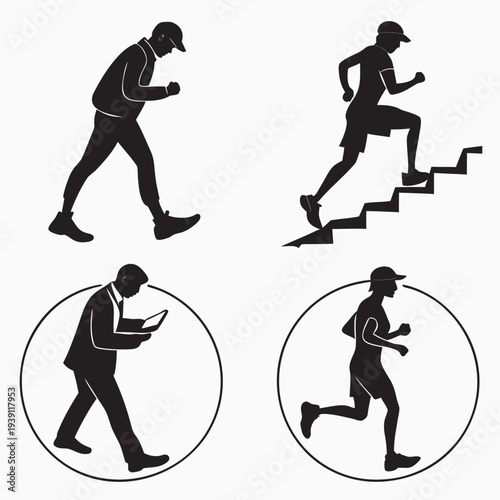 Mobile Step Counter Activity Icon Set  Flat Silhou SVG Vector Illustration