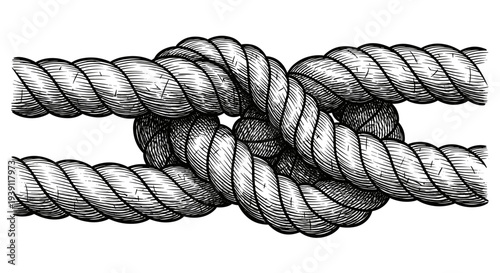 Vintage marine rope knot engraving, antique nautical cord sketch and maritime symbol illustration in woodcut style isolated