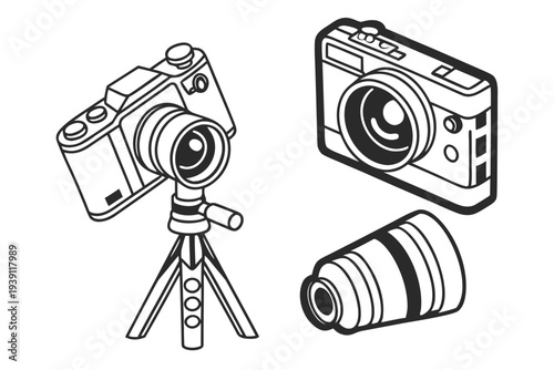 Modern camera with interchangeable lenses and photography icons