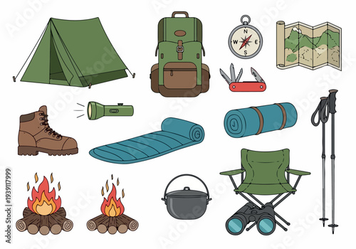 Camping Essentials Laid Out for Adventure and Exploration in the Great Outdoors from a Bird's Eye View