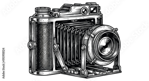 antique folding camera detailed vintage engraving illustration classic photographic equipment retro photography device hand drawn woodcut style