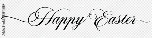 happy Easter letter calligraphy banner. Elegant happy Easter calligraphy greeting with floral swirls on transparent background .