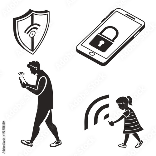 Mobile Parental Control Safety Icon Set  Flat Silh (2) SVG Vector Illustration