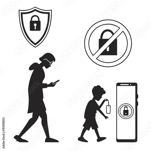 Mobile Parental Control Safety Icon Set  Flat Silh SVG Vector Illustration
