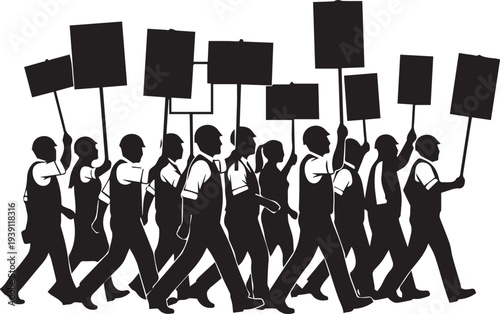People marching protest vector silhouette illustration of workers with signs line art
