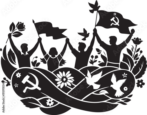 People celebrating with communist flags silhouette vector illustration line art composition