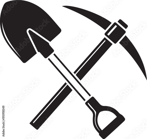 Shovel and pickaxe crossed vector silhouette illustration industrial tools line art