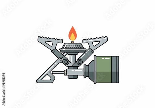 Portable camping stove with burning flame, outdoor cooking equipment, and attached gas canister, viewed from the side in a simple illustration style