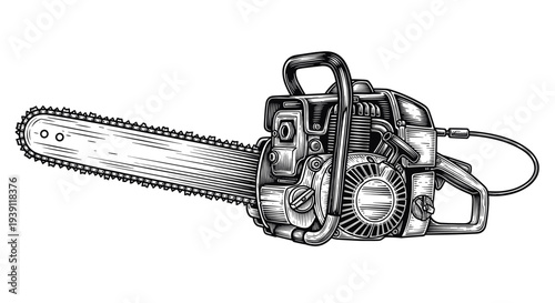 Vintage engraving chainsaw power tool detailed woodworking equipment illustration hand drawn woodcut style