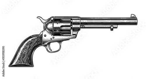 Vintage revolver engraving, hand drawn retro wild west pistol sketch, antique cowboy firearm isolated