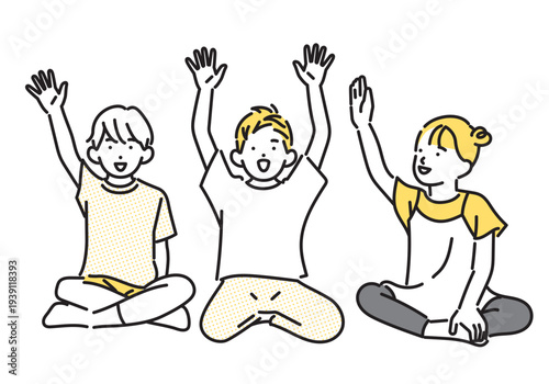 シンプル　イラスト　英会話レッスンで手を挙げる子供たち 英語学習のイメージ ベクターイラスト