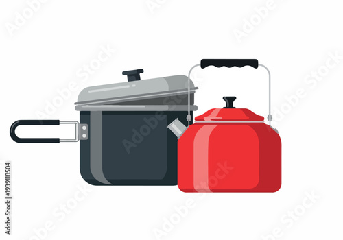 A red kettle and a black pot with a lid are placed side by side on a transparent background, viewed from the front.