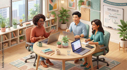 Diverse Small Business Team Collaborating in Inclusive Modern Workplace Illustration