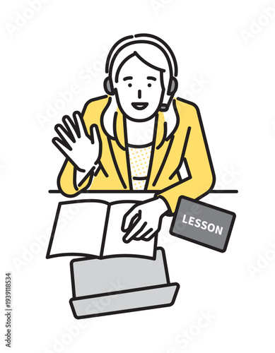 シンプル　イラスト　オンライン英会話レッスンをする女性講師 英語学習のイメージ ベクターイラスト