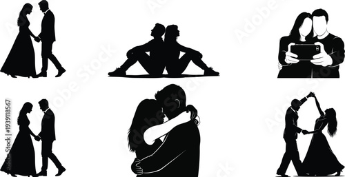 Romantic couple silhouette set, love relationship and dating vector collection