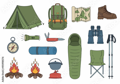 Camping gear and equipment illustration featuring tent, backpack, and accessories for outdoor adventure