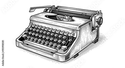 vintage mechanical typewriter detailed retro writing machine engraving illustration isolated, hand drawn antique office equipment woodcut style classic journalist typing device artwork