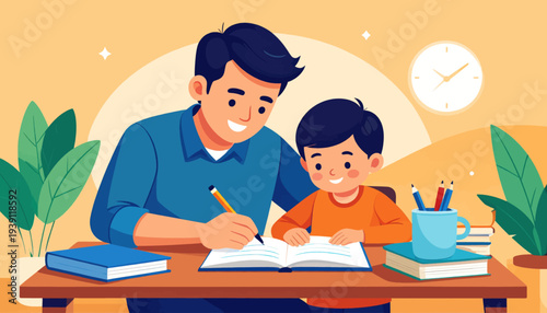 Father and Son Writing Together at Desk.