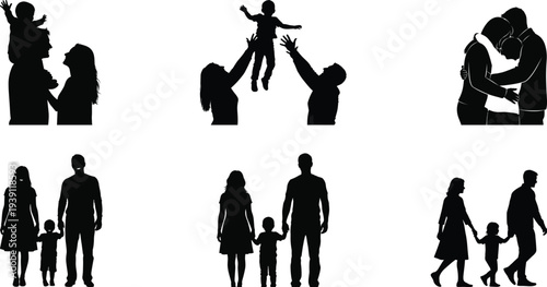 Family silhouette set, parents and children relationship vector collection