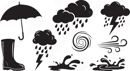 Weather icons set with rain clouds and storm symbols