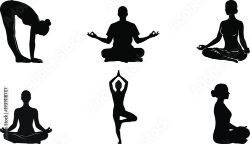 Yoga meditation silhouette set, woman practicing yoga poses vector collection