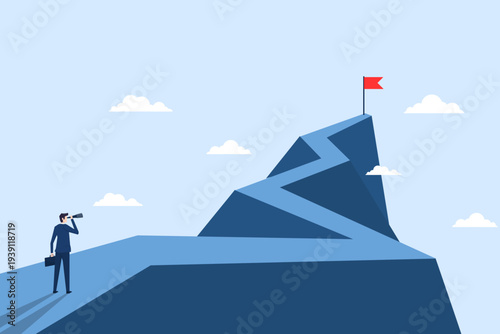 businessman standing telescope look mountain flag on peak. business strategy leadership to success. path to goal concept. prople climb achievement. vector illustration flat design.