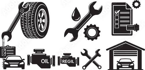 Car maintenance and repair icons in black and white