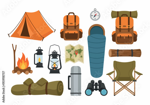 Camping gear collection featuring tent, backpacks, and outdoor equipment, displayed in a flat lay arrangement on a neutral background.