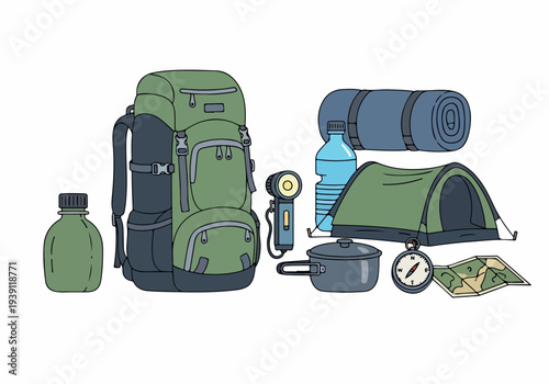 Camping gear and equipment laid out on a flat surface, showcasing a backpack, tent, sleeping bag, water bottle, and cooking pot in a neat arrangement.
