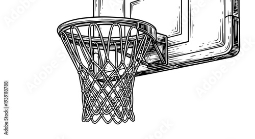 Vintage engraving basketball hoop and backboard sports equipment hand drawn woodcut style athletic illustration